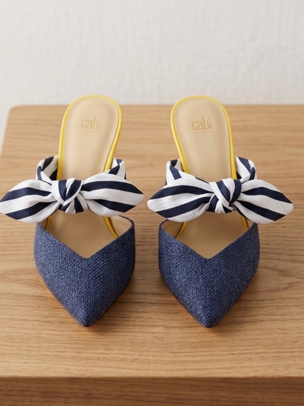 Cabi Bow Mule Heels Womens 10 Nautical Stripe Pointed Toe Kitten Heel